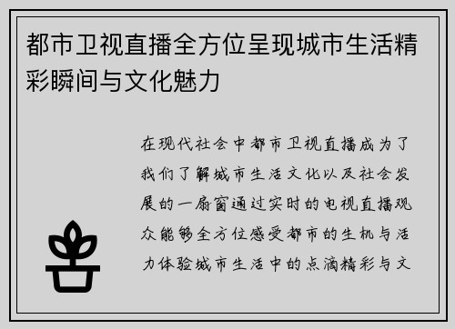 都市卫视直播全方位呈现城市生活精彩瞬间与文化魅力