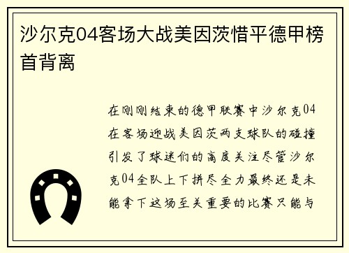 沙尔克04客场大战美因茨惜平德甲榜首背离
